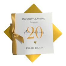 Load image into Gallery viewer, 20th Wedding Anniversary Card - China 20 Year Twentieth Greeting Card, Gift for Wife Husband Parents Couple - 17 Colours - Ribbon Number