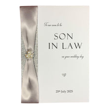 Load image into Gallery viewer, Son In Law Wedding Card – Personalised Luxury Greeting With Ribbon Colour Choice