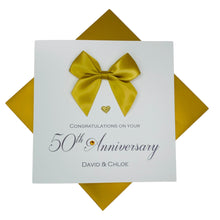 Load image into Gallery viewer, 50th Anniversary Card - Golden 50 Year Wedding Anniversary Luxury Greeting Card Personalised - Regal Bow
