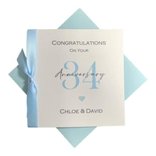 Load image into Gallery viewer, 34th Wedding Anniversary Card - Opal 34 Year Thirty Fourth Greeting Card, Gift for Wife Husband Parents - 17 Colours- Ribbon Number