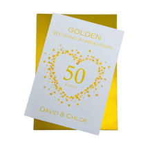 Load image into Gallery viewer, 50th Wedding Anniversary Card - Golden 50 Year Fiftieth Anniversary Luxury Greeting Card Personalised - Love Heart
