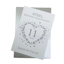 Load image into Gallery viewer, 11th Wedding Anniversary Card - Steel 11 Year Eleventh Anniversary Luxury Greeting Card, Personalised  - Love Heart