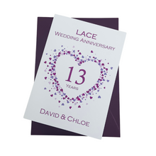 Load image into Gallery viewer, 13th Wedding Anniversary Card - Lace 13 Year Thirteenth Anniversary Luxury Greeting Card, Personalised  - Love Heart