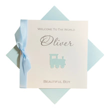 Load image into Gallery viewer, New Baby Boy Congratulations Card - Personalised Handmade Luxury Card - (Blue Glitter Train)