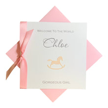 Load image into Gallery viewer, New Baby Girl Congratulations Card - Personalised Handmade Luxury Card - (Pink Rocking Horse)