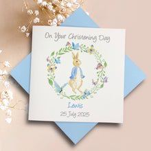 Load image into Gallery viewer, Peter Rabbit Wreath Personalised Boys Christening Card - Baptism, Naming Day Etc