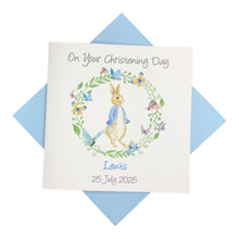 Load image into Gallery viewer, Peter Rabbit Wreath Personalised Boys Christening Card - Baptism, Naming Day Etc