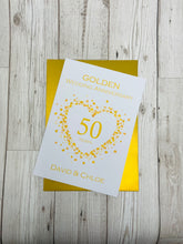 Load image into Gallery viewer, 50th Wedding Anniversary Card - Golden 50 Year Fiftieth Anniversary Luxury Greeting Card Personalised - Love Heart