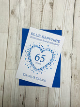 Load image into Gallery viewer, 65th Wedding Anniversary Card - Blue Sapphire 65 Year Sixty Fifth Anniversary Luxury Greeting Card Personalised - Love Heart
