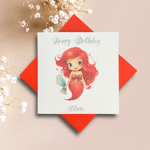 Load image into Gallery viewer, Birthday Card - Personalised Greeting Card - Red Mermaid