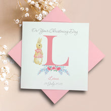 Load image into Gallery viewer, Peter Rabbit A-Z Personalised Girls Christening Watercolour Card - Baptism, Naming Day Etc