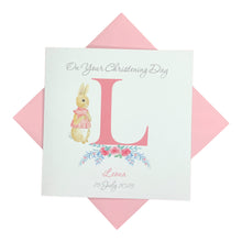 Load image into Gallery viewer, Peter Rabbit A-Z Personalised Girls Christening Watercolour Card - Baptism, Naming Day Etc