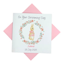 Load image into Gallery viewer, Peter Rabbit Wreath Personalised Girls Christening Card - Baptism, Naming Day Etc