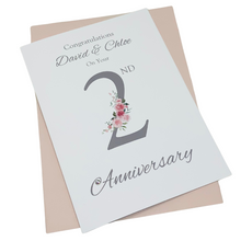 Load image into Gallery viewer, 2nd Anniversary Card - Cotton 2 Year Second Wedding Anniversary Luxury Greeting Card Personalised - Floral Number