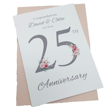 Load image into Gallery viewer, 25th Wedding Anniversary Card - Silver 25 Year Twenty Fifth Anniversary Luxury Greeting Card, Personalised - Floral Number