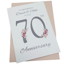 Load image into Gallery viewer, 70th Wedding Anniversary Card - Platinum 70 Year Seventieth Anniversary Luxury Greeting Card Personalised - Floral Number