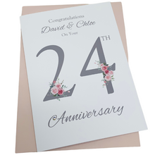 Load image into Gallery viewer, 24th Wedding Anniversary Card - Opal 24 Year Twenty Fourth Anniversary Luxury Greeting Card, Personalised - Floral Number