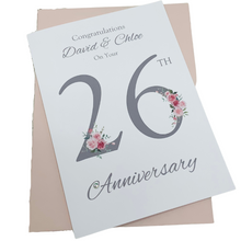 Load image into Gallery viewer, 26th Wedding Anniversary Card - Picture 26 Year Twenty Sixth Anniversary Luxury Greeting Card, Personalised - Floral Number