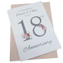 Load image into Gallery viewer, 18th Wedding Anniversary Card - Porcelain 18 Year Eighteenth Anniversary Luxury Greeting Card, Personalised - Floral Number