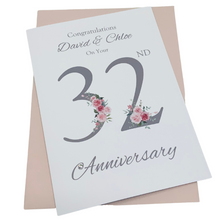 Load image into Gallery viewer, 32nd Wedding Anniversary Card - Lapis 32 Year Thirty Second Anniversary Luxury Greeting Card, Personalised - Floral Number