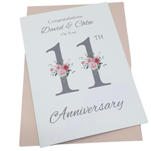 Load image into Gallery viewer, 11th Wedding Anniversary Card - Steel 11 Year Eleventh Anniversary Luxury Greeting Card, Personalised  - Floral Number