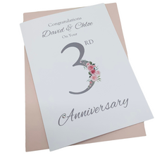 Load image into Gallery viewer, 3rd Anniversary Card - Leather 3 Year Third Wedding Anniversary Luxury Greeting Card Personalised - Floral Number
