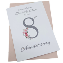 Load image into Gallery viewer, 8th Anniversary Card - Bronze 8 Year Eight Wedding Anniversary Luxury Greeting Card Personalised - Floral Number