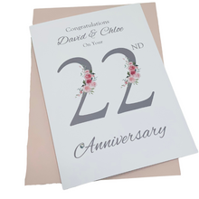 Load image into Gallery viewer, 22nd Wedding Anniversary Card - Copper 22 Year Twenty Second Anniversary Luxury Greeting Card, Personalised - Floral Number