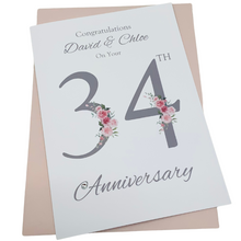 Load image into Gallery viewer, 34th Wedding Anniversary Card - Opal 34 Year Thirty Fourth Anniversary Luxury Greeting Card, Personalised - Floral Number