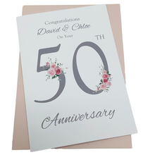Load image into Gallery viewer, 50th Wedding Anniversary Card - Golden 50 Year Fiftieth Anniversary Luxury Greeting Card Personalised - Floral Number