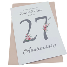 Load image into Gallery viewer, 27th Wedding Anniversary Card - Sculpture 27 Year Twenty Seventh Anniversary Luxury Greeting Card Personalised - Floral Number