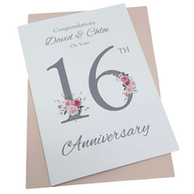 Load image into Gallery viewer, 16th Wedding Anniversary Card - Silver Holloware 16 Year Sixteenth Anniversary Luxury Greeting Card - Floral Number