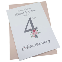Load image into Gallery viewer, 4th Anniversary Card - Linen 4 Year Fourth Wedding Anniversary Luxury Greeting Card Personalised - Floral Number