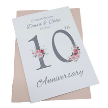 Load image into Gallery viewer, 10th Wedding Anniversary Card - Tin 10 Year Tenth Anniversary Luxury Greeting Card, Personalised  - Floral Number