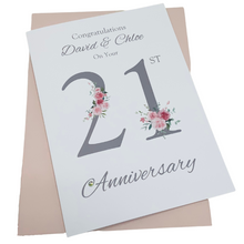 Load image into Gallery viewer, 21st Wedding Anniversary Card - Brass 21 Year Twenty First Anniversary Luxury Greeting Card, Personalised - Floral Number