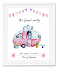 Load image into Gallery viewer, Retro Caravan Family Watercolour Print - Vintage Camper Touring Van - PRI 10