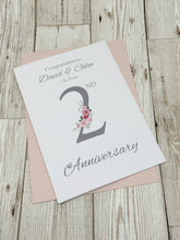 Load image into Gallery viewer, 2nd Anniversary Card - Cotton 2 Year Second Wedding Anniversary Luxury Greeting Card Personalised - Floral Number