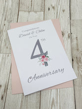 Load image into Gallery viewer, 4th Anniversary Card - Linen 4 Year Fourth Wedding Anniversary Luxury Greeting Card Personalised - Floral Number