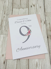 Load image into Gallery viewer, 9th Anniversary Card - Pottery 9 Year Ninth Wedding Anniversary Luxury Greeting Card Personalised - Floral Number
