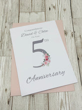Load image into Gallery viewer, 5th Anniversary Card - Wood 5 Year Fifth Wedding Anniversary Luxury Greeting Card Personalised - Floral Number