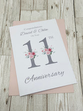 Load image into Gallery viewer, 11th Wedding Anniversary Card - Steel 11 Year Eleventh Anniversary Luxury Greeting Card, Personalised  - Floral Number