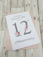 Load image into Gallery viewer, 12th Wedding Anniversary Card - Silk 12 Year Twelfth Anniversary Luxury Greeting Card, Personalised - Floral Number