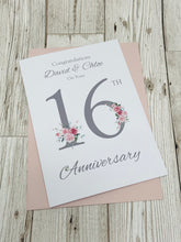 Load image into Gallery viewer, 16th Wedding Anniversary Card - Silver Holloware 16 Year Sixteenth Anniversary Luxury Greeting Card - Floral Number