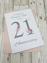 Load image into Gallery viewer, 21st Wedding Anniversary Card - Brass 21 Year Twenty First Anniversary Luxury Greeting Card, Personalised - Floral Number