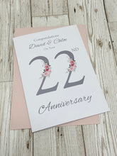 Load image into Gallery viewer, 22nd Wedding Anniversary Card - Copper 22 Year Twenty Second Anniversary Luxury Greeting Card, Personalised - Floral Number