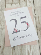 Load image into Gallery viewer, 25th Wedding Anniversary Card - Silver 25 Year Twenty Fifth Anniversary Luxury Greeting Card, Personalised - Floral Number