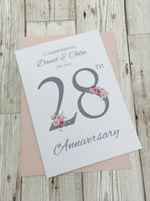 Load image into Gallery viewer, 28th Wedding Anniversary Card - Orchid 28 Year Twenty Eighth Anniversary Luxury Greeting Card, Personalised - Floral Number