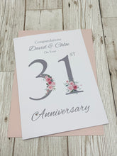 Load image into Gallery viewer, 31st Wedding Anniversary Card - Timepiece 31 Year Thirty First Anniversary Luxury Greeting Card, Personalised - Floral Number