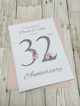 Load image into Gallery viewer, 32nd Wedding Anniversary Card - Lapis 32 Year Thirty Second Anniversary Luxury Greeting Card, Personalised - Floral Number