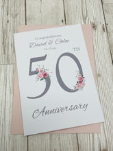 Load image into Gallery viewer, 50th Wedding Anniversary Card - Golden 50 Year Fiftieth Anniversary Luxury Greeting Card Personalised - Floral Number
